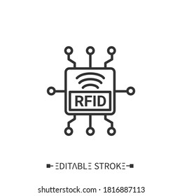 Radio Frequency Identification Line Icon. RFID Chip. Theft Protect. Transportation, Storage And Logistics Service. Inventory Tracking And Control Concept. Isolated Vector Illustration. Editable Stroke