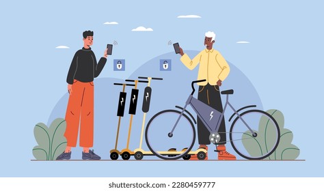 Radio frequency identification. Men renting electric bicycle and scooter. Transport rental service. Payment by electronic card. Guy scans tags. Modern mobile technology