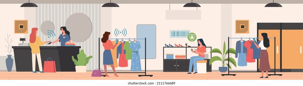 Radio frequency identification. Shopping with RFID technology, women in clothing store pay checkout, check labels by codes, business automatization, vector flat isolated concept