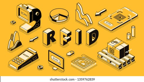 Radio frequency identification technology isometric vector concept with RFID reader or scanner, electromagnetic track tag on cardboard box, mobile app for business delivery, goods shipment tracking