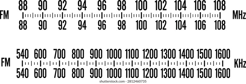 Radio Frequency Scale Vector, FM AM Tuner Dial, Broadcast Measurement Interface, Vintage Audio Display Illustration Template Design