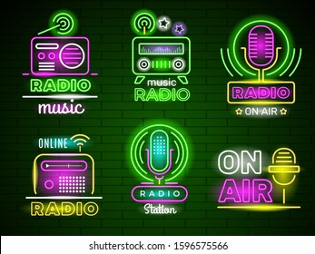 Radio Glowing Logo. Neon Style Colored Business Music Broadcast Emblem Live Show Vector Ads