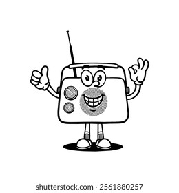 Radio groovy retro character. Vector illustration, cartoon, mascot, funny, set, vintage, sticker, icon, communication, tools, speaker, coloring book