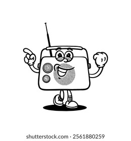 Radio groovy retro character. Vector illustration, cartoon, mascot, funny, set, vintage, sticker, icon, communication, tools, speaker, coloring book
