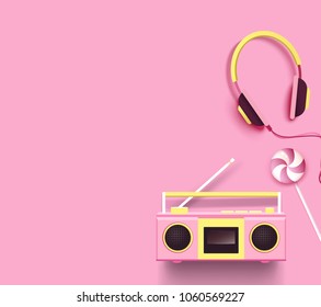 Radio, headphones and candy on pink background. Top view. Vector illustration
