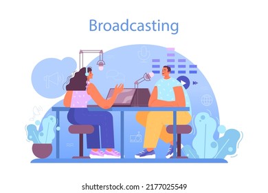 Radio host concept. Idea of music broadcasting in the studio. Radio DJ interviewing a person. Podcasting through the microphone. Flat vector illustration