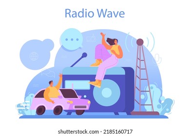 Concepto de presentador de radio. Idea de transmisión musical en el estudio. DJ de radio entrevistando a una persona. Podcasting a través del micrófono. Ilustración vectorial plana