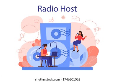 Concepto de presentador de radio. Idea de transmisión de noticias en el estudio. Ocupación de DJ. Persona hablando a través del micrófono. Ilustración vectorial aislada en estilo de dibujos animados