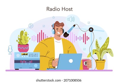 Radio host concept. Idea of news broadcasting in the studio. Radio DJ interviewing a person. Podcasting through the microphone. Online radio. Flat vector illustration