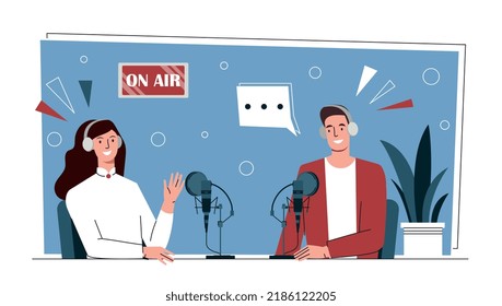 Concepto de presentador de radio. Hombre y mujer en el aire se comunican y discuten noticias. Principales programas, transmisiones en directo y medios de comunicación contemporáneos. Caracteres grabando podcast de audio. Dibujo vectorial plano de dibujos animados