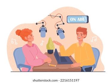 Radio host concept. Man and woman sitting near microphones. Young girl and guy hosting show or recording podcast. People in studio create interesting content. Cartoon flat vector illustration