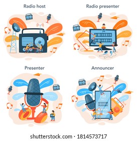 Radio host concept set. Idea of news broadcast in the studio. DJ occupation. Presenter talking through the microphone. Isolated vector illustration in cartoon style
