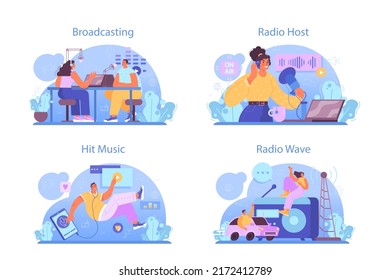 Conjunto de conceptos de host de radio. Idea de transmisión musical en el estudio. DJ de radio entrevistando a una persona. Podcasting a través del micrófono. Ilustración vectorial plana