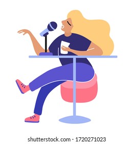 The radio host enthusiastically broadcasts through the microphone. A podcast woman holds a paper sheet in one hand and gestures enthusiastically with the other. Isolated Cartoon Character. Doodle