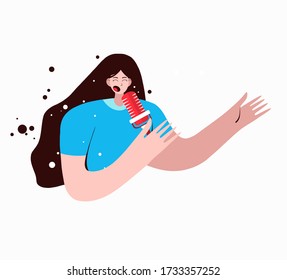Ilustración vectorial plana del host de radio. Concepto de podcast. Alojamiento de medios. Mujer grabando un podcast.
