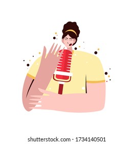 Radio host flat vector illustration. Podcast concept. Media hosting. Woman recording a podcast.