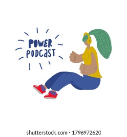 Servidor de radio con una ilustración vectorial plana de una tabla. Medios de comunicación que alojan el dibujo de Doodle. Podcaster femenino, chica sosteniendo un micrófono de señal con la inscripción del podcast, locutora en el lugar de trabajo