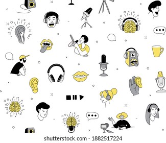 Ilustración vectorial plana del host de radio sin problemas. Dibujo de doodles en los medios. Podcaster hablando con micrófono micrófono, locutor en espacio de trabajo aislado personaje de dibujos animados. Estilo plano de línea delgada