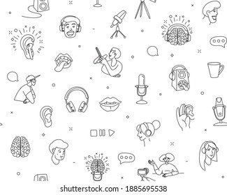 Radio host flat vector illustration seamless pattern. Media hosting doodle drawing. Podcaster speaking to mic microphone, broadcaster at workspace isolated cartoon character. Thin line flat style