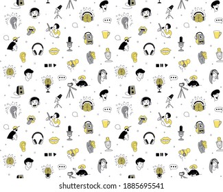 Radio host flat vector illustration seamless pattern. Media hosting doodle drawing. Podcaster speaking to mic microphone, broadcaster at workspace isolated cartoon character. Thin line flat style