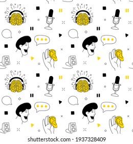 Radio host flat vector illustration seamless pattern. Media hosting doodle drawing. Podcast speaking to mic microphone, broadcaster at workspace isolated cartoon character. Thin line flat style