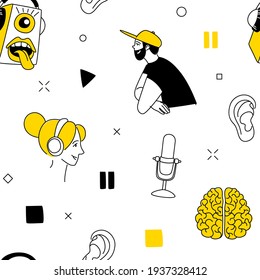 Radio host flat vector illustration seamless pattern. Media hosting doodle drawing. Podcast speaking to mic microphone, broadcaster at workspace isolated cartoon character. Thin line flat style