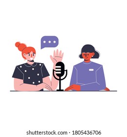 Presentador de radio e invitado. Concepto de traducción de entrevistas en línea en vivo. Alojamiento de medios. Ilustración vectorial plana. 
