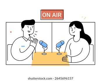 A radio host and guest sit at table with microphones engaging in lively interview in studio setting, representing broadcast communication and podcast discussion