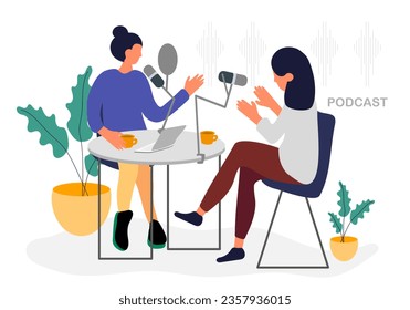 Radio host and guest, table laptop mic cup of coffee flat vector illustration. Podcaster talking with guest, speaking to mic, broadcaster at workspace cartoon character