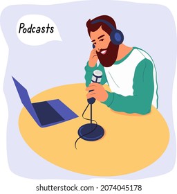  The radio host guy is recording a podcast. a radio host broadcasts in the media. A man is sitting at a table with a laptop and a microphone in his hands. The Studio has a DJ. Flat vector illustration