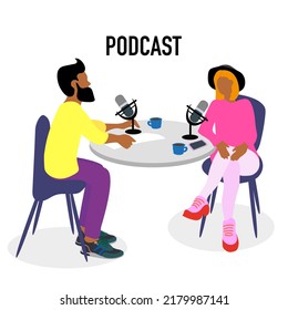 Radio host holding nameplate podcast inscription and guest at the table broadcaster at workspace cartoon characters. Podcaster talking with guests spiking to mic cup of coffee flat vector illustration