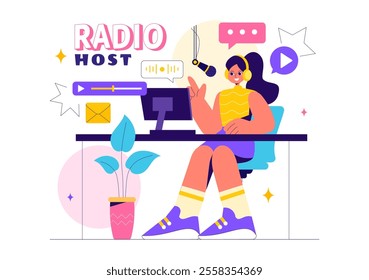 Radio Host Illustration Featuring People Wearing Headphones While Talking and Recording an Audio Podcast Show or Media Broadcasting in a Background