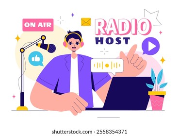 Radio Host Illustration Featuring People Wearing Headphones While Talking and Recording an Audio Podcast Show or Media Broadcasting in a Background