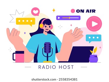 Radio Host Illustration Featuring People Wearing Headphones While Talking and Recording an Audio Podcast Show or Media Broadcasting in a Background