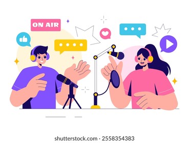 Radio Host Illustration Featuring People Wearing Headphones While Talking and Recording an Audio Podcast Show or Media Broadcasting in a Background