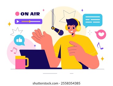 Radio Host Illustration Featuring People Wearing Headphones While Talking and Recording an Audio Podcast Show or Media Broadcasting in a Background