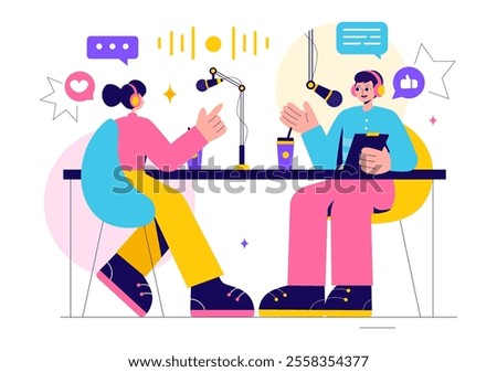 Radio Host Illustration Featuring People Wearing Headphones While Talking and Recording an Audio Podcast Show or Media Broadcasting in a Background