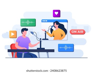 Radio host interviewing a guest virtually, Video conference, People talking to microphones and recording podcast, Live online interview concept flat illustration vector template