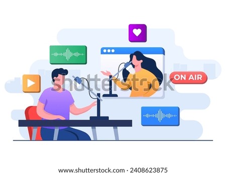Radio host interviewing a guest virtually, Video conference, People talking to microphones and recording podcast, Live online interview concept flat illustration vector template