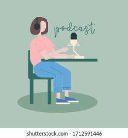 
Radio host made in flat vector illustration. Woman blogger podcast with the inscription. Broadcaster in the workspace.