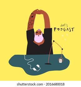 Radio Host. Medien-Hosting, Vektorfreehand-Zeichnung. Funny brutal cartoon Stil Mann Podcaster nach oder vor der Sendung