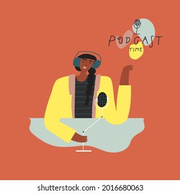 Radio host with microphone and headphones. Media hosting vector freehand drawing. Funny cartoon character woman broadcaster. Lettering style text
