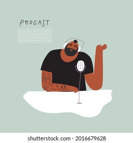 Receptor de radio con micrófono. Dibujo vectorial a mano alzada por medio de alojamiento. Divertido y brutal estilo de caricatura hombre podcaster en auriculares en la mesa