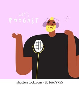 Radio host with microphone. Media hosting vector doodle drawing. Funny brutal man podcaster in headphones , isolated cartoon character broadcaster