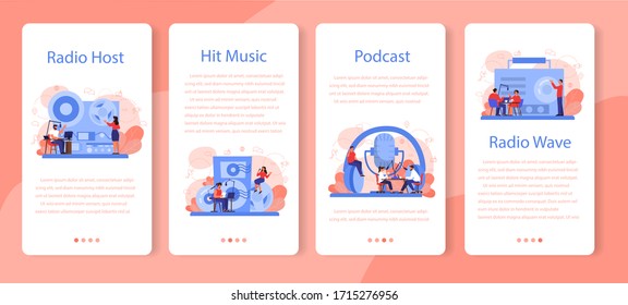 Radio host mobile application banner set. Idea of news broadcast in the studio. DJ occupation. Person talking through the microphone. Isolated vector illustration in cartoon style