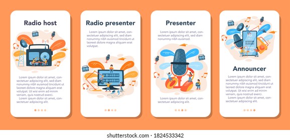 Radio host mobile application banner set. Idea of news broadcast in the studio. DJ occupation. Presenter talking through the microphone. Isolated vector illustration in cartoon style
