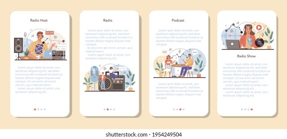 Radio host mobile application banner set. Idea of news broadcasting
