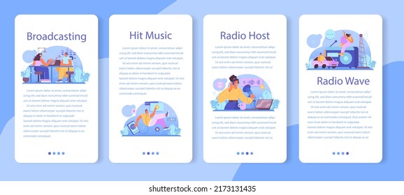 Radio host mobile application banner set. Idea of music broadcasting in the studio. Radio DJ interviewing a person. Podcasting through the microphone. Flat vector illustration