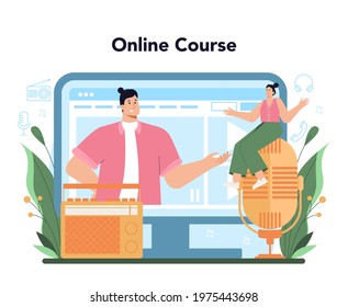 Radio host online service or platform. Idea of news broadcast in the studio. Radio DJ interviewing a person. Online course. Flat vector illustration