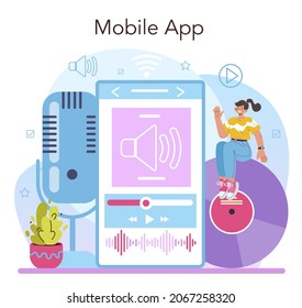 Radio host online service or platform. Idea of news broadcasting in the studio. Radio DJ interviewing a person. Mobile app. Flat vector illustration